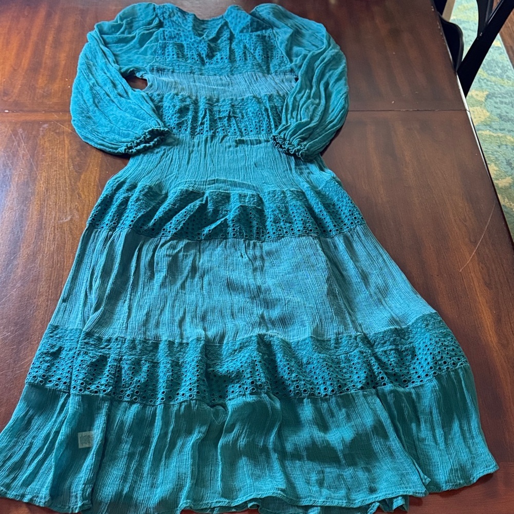 Sundance Romatic Boho Adore Moi Long Sleeve Midi Eyelet Sheer Pacific Blue Dress - Picture 12 of 12